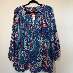 Lands End Paisley Blouse Tunic Women 18W Gem Pleat Jewel Tie Balloons Sleeve NWT